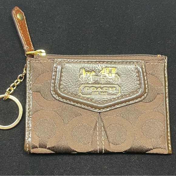 Coach Signature Mini Skinny Canvas Leather Zip Key Coin ID Card Purse - Browns - Picture 1 of 9